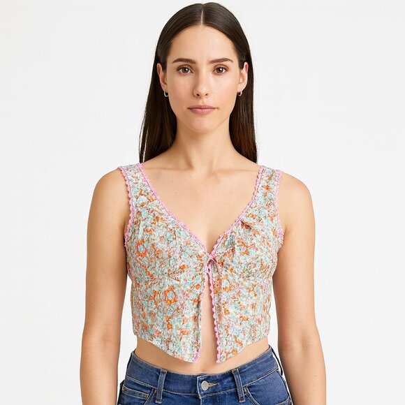American Eagle Pink Orange Blue Floral Crop Top Open Tie Front Size Medium - Picture 1 of 5